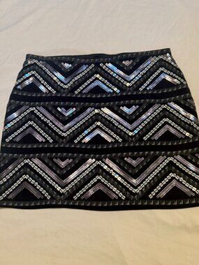 NWT Express Sequin Chevron Mini Skirt Black Silver XS